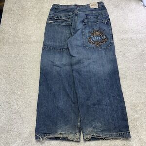 Vintage 90s JNCO Embroidered Crown Tribal Wide Leg Denim Baggy Jeans 38x32